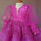 Elegantes Paillettenkleid aus Mesh mit Puffärmeln für Babys und Kleinkinder – Prinzessinnenkleid für die Erstkommunion 