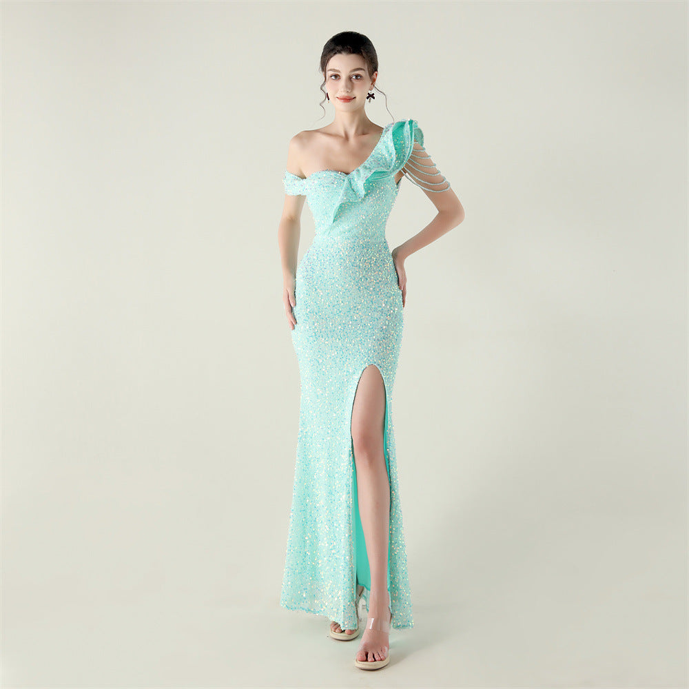 New single shoulder pleated ruffle edge pendant bead chain sequined evening dress, banquet wedding red carpet