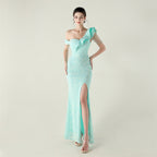New single shoulder pleated ruffle edge pendant bead chain sequined evening dress, banquet wedding red carpet