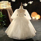 Kommunionkleid für Mädchen, langärmelig, Paillettenkleid, Blumenmädchenkleid, Festkleid für Prinzessinnen 