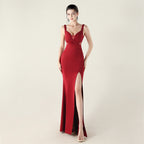 New cross-pleated hollow mesh deep V-neck evening dress slim banquet robe