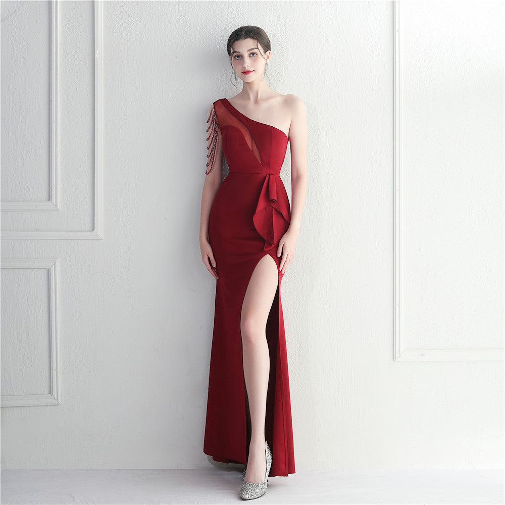 Craft beaded mesh yarn perspective split fork European and American sexy dress long