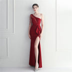 Craft beaded mesh yarn perspective split fork European and American sexy dress long