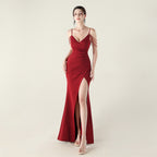 New satin suspender evening dress bead chain decoration slim and thin, banquet red carpet