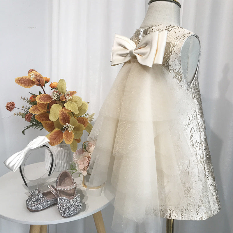 Elegantes Champagner-Paillettenkleid für Babys und Kleinkinder, ideal zur Erstkommunion oder als Prinzessinnenkleid aus Netzstoff für Neujahr 