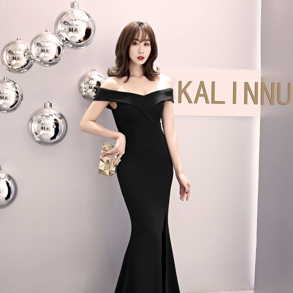 Banquet evening dress new elegant long one-word shoulder fishtail host dress long dress
