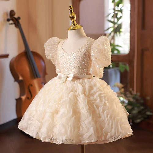 Vestido de lentejuelas con flores para niña, vestido de primera comunión para niña pequeña, vestido de cumpleaños 