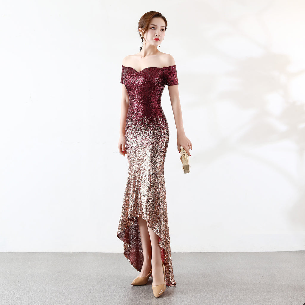 Short-sleeved one-word shoulder dress European and American perspective l gradual change bead dress wedding banquet party dress