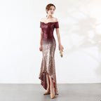 Short-sleeved one-word shoulder dress European and American perspective l gradual change bead dress wedding banquet party dress