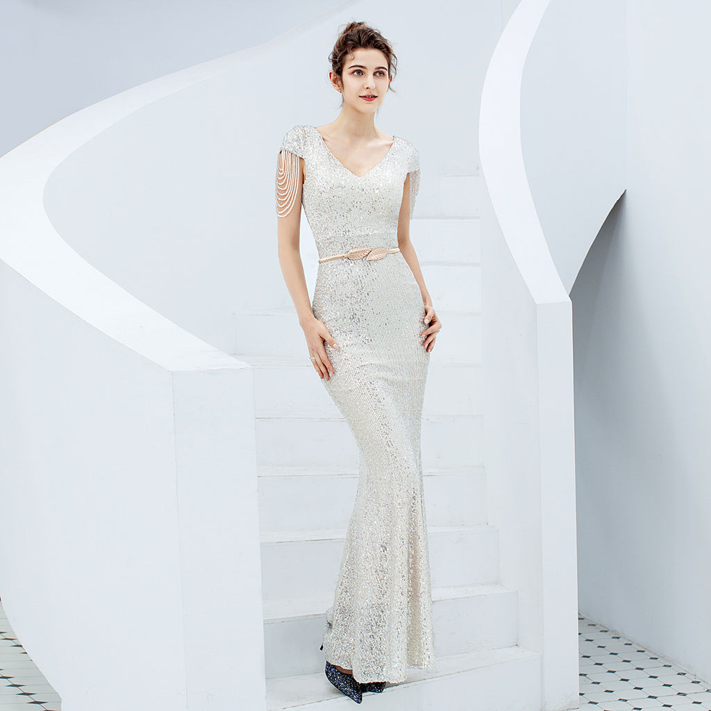 Evening dress women's new banquet temperament elegant long sequined aura queen fishtail thin
