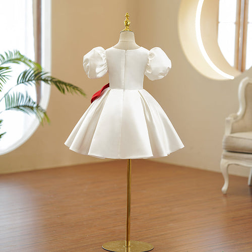 Vestido de primera comunión para niñas pequeñas, con lazo rojo, para boda, con mangas abullonadas, vestido de princesa para cumpleaños 