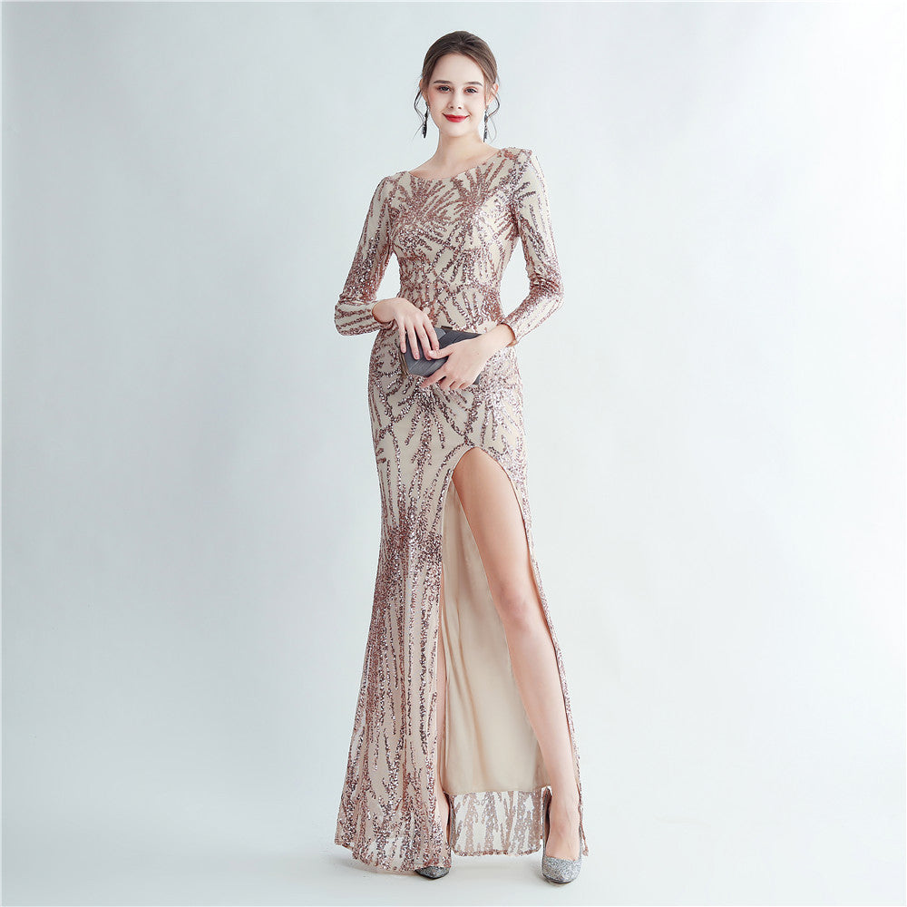 New sequined long-sleeved test split high-end evening dress