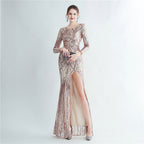 New sequined long-sleeved test split high-end evening dress