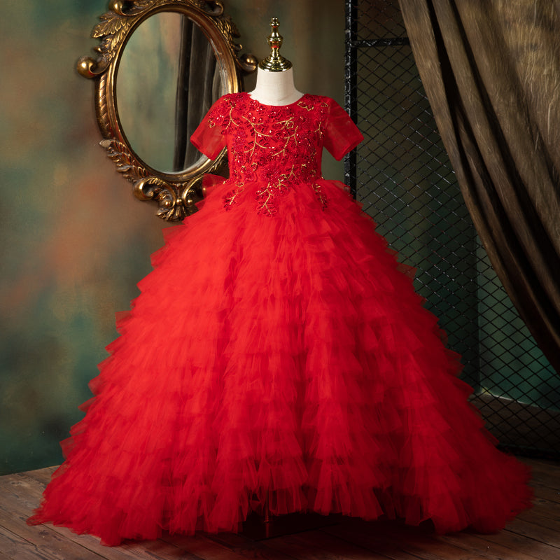 Vestido de Navidad para niña, vestido de comunión para niña pequeña, vestido rojo esponjoso de princesa con cola de cumpleaños, hermoso vestido de desfile 