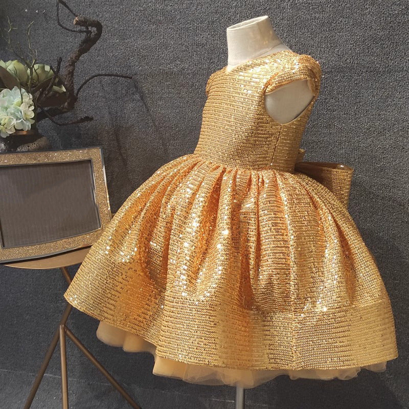 Elegante vestido de lentejuelas doradas para niña, vestido de princesa de primera comunión para niña pequeña 
