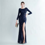 New sequined long-sleeved test split high-end evening dress