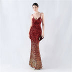 New fleece bottom gradual change bead sexy suspender evening dress