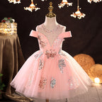 Baby Mädchen Kommunionkleid, rosa Pailletten, Schmetterlingsmuster, flauschiges Prinzessinnenkleid aus Mesh 