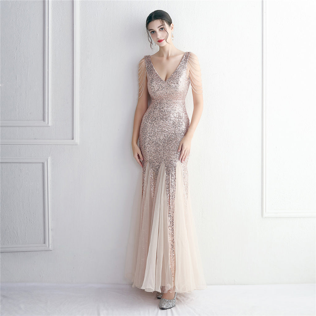 Bead mesh yarn craft bead ordering evening dress long style banquet slim evening dress temperament elegant long style