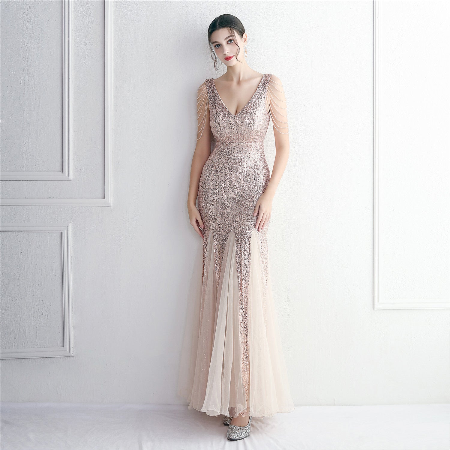 Bead mesh yarn craft bead ordering evening dress long style banquet slim evening dress temperament elegant long style