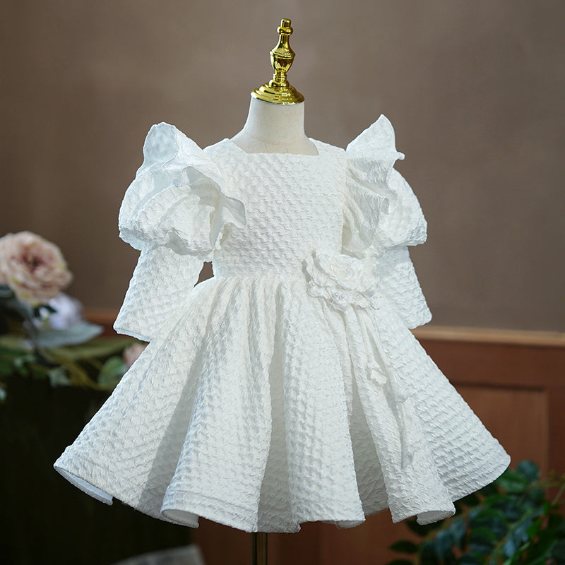 Blumenmädchenkleid, Kleinkind, Prinzessin, Weiß, Langärmelig, Puffärmel, Taufkleid, Festkleid für Taufe, Kommunion, Taufe 