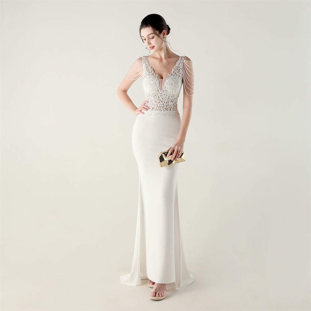 New Bead Lace Bead Embroidery Evening Ceremony, Off-Shoulder Fishtail Dress, Red Carpet Wedding Banquet Dress