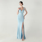 New bead pressing and folding process deep V-neck evening dress slim banquet robe