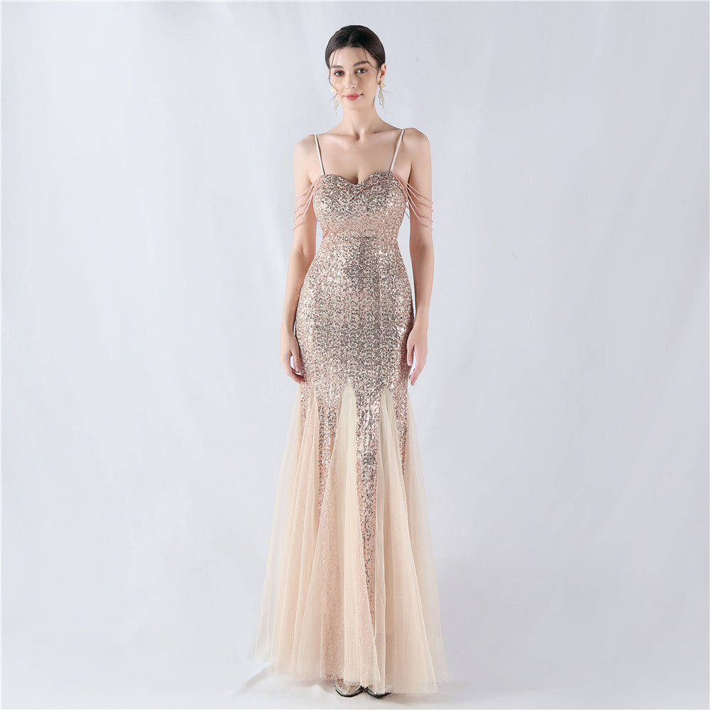 New dress craft beaded mesh sequined evening dress, performance, hosting, annual meeting