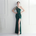 Craft beaded mesh yarn perspective split fork European and American sexy dress long