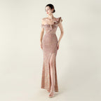 New single shoulder pleated ruffle edge pendant bead chain sequined evening dress, banquet wedding red carpet