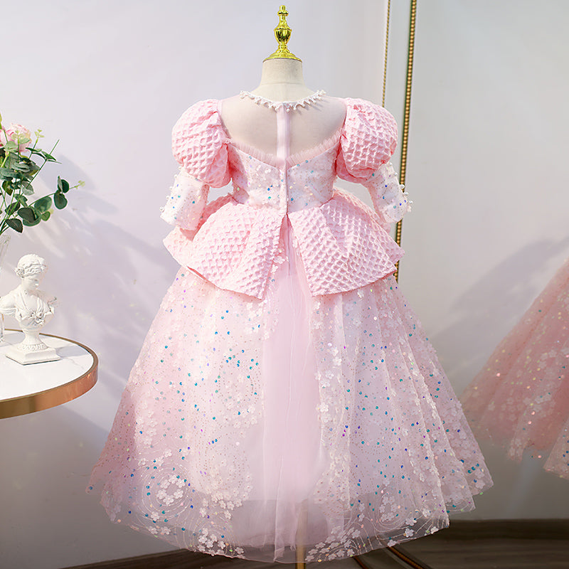 Blumenmädchenkleid für Kinder, Kommunion, Festzug, elegant, süß, Pailletten, rosa, Prinzessinnenkleid 