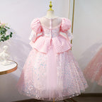 Blumenmädchenkleid für Kinder, Kommunion, Festzug, elegant, süß, Pailletten, rosa, Prinzessinnenkleid 