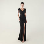 New folding positioning process bead chain shoulder decoration deep V hollow thin banquet evening dress
