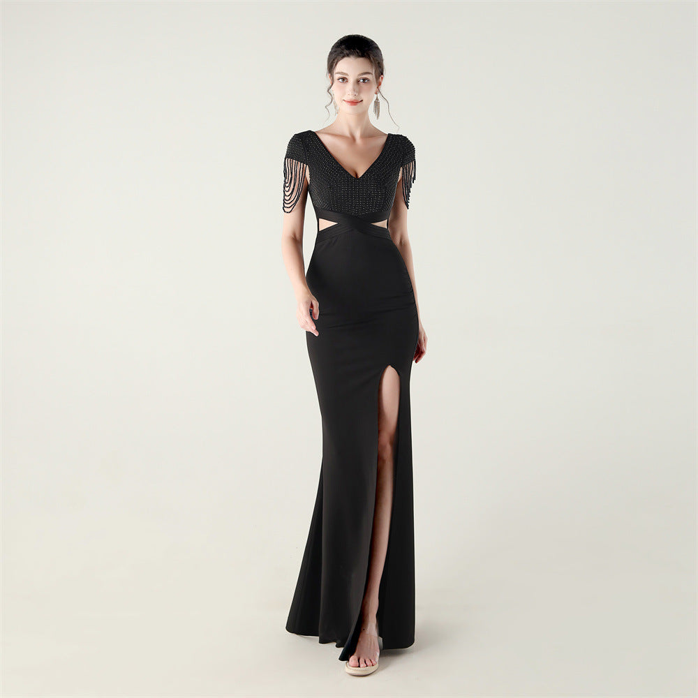 New folding positioning process bead chain shoulder decoration deep V hollow thin banquet evening dress