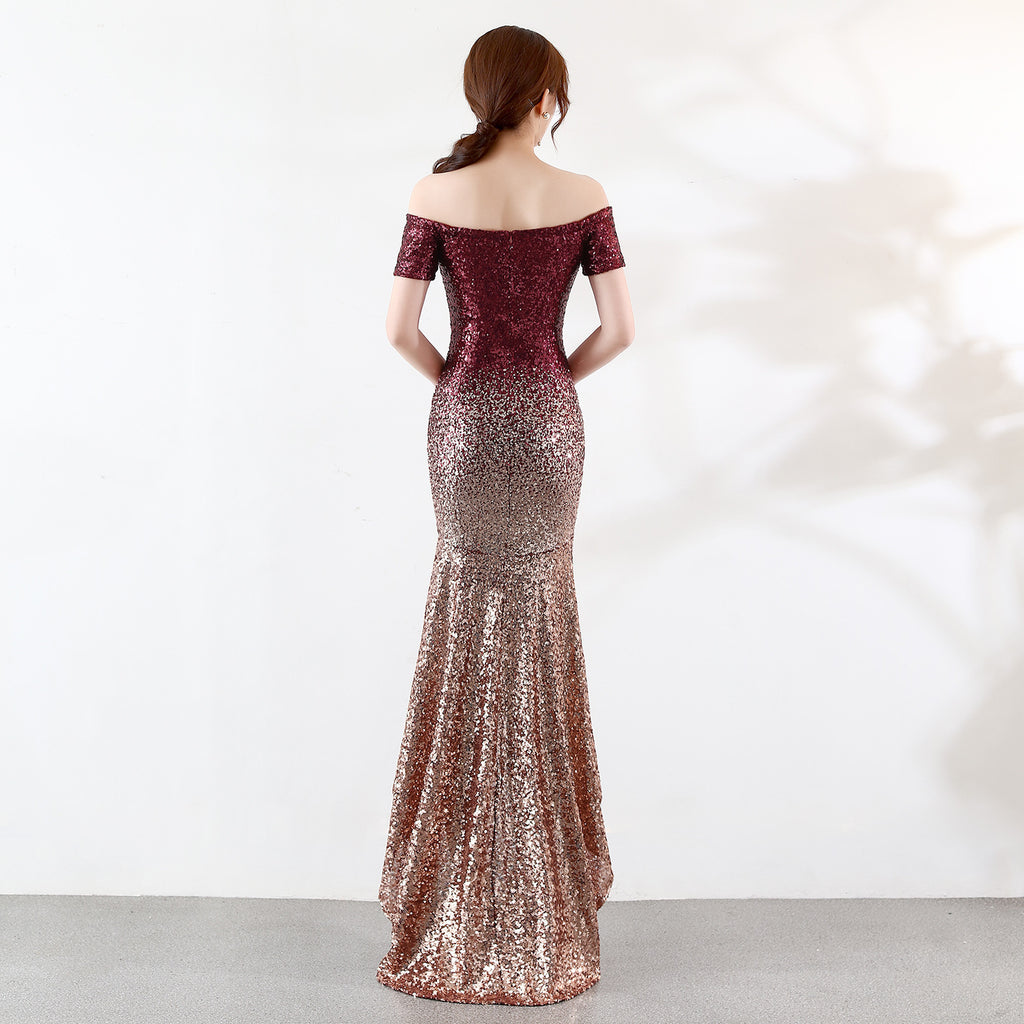 Short-sleeved one-word shoulder dress European and American perspective l gradual change bead dress wedding banquet party dress