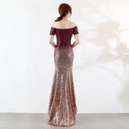 Short-sleeved one-word shoulder dress European and American perspective l gradual change bead dress wedding banquet party dress