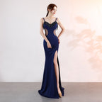 Sling deep V party dress new long sexy slim split performance celebrity evening wear