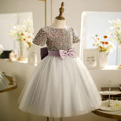 Babykleid für Mädchen, Kleinkind-Prinzessinnenkleid, Sommerkleid, grau, Paillettenkleid mit Schleife, bauschig, Kommunionskleid 