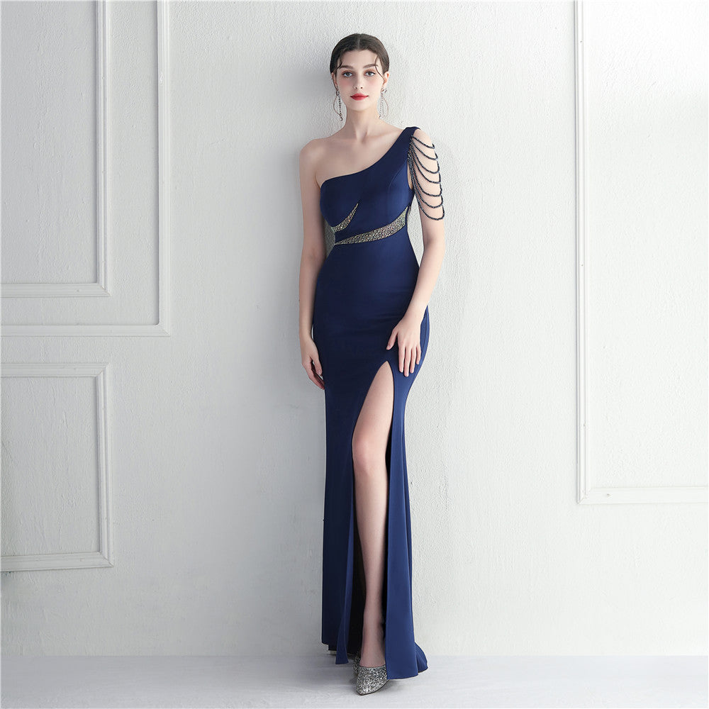 Hot Diamond Bead Craft Bridesmaid Hosting Party Sexy Shoulder Long Evening Dress
