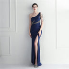 Hot Diamond Bead Craft Bridesmaid Hosting Party Sexy Shoulder Long Evening Dress