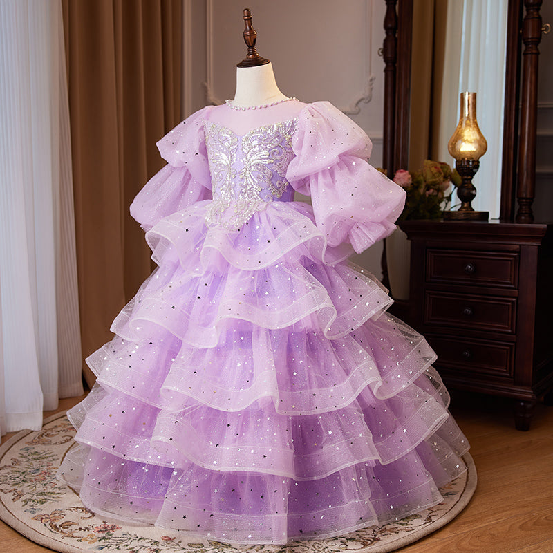 Blumenmädchenkleid, Kinder-Osterkleid, Partykleid, lila Pailletten, bauschiges Prinzessinnen-Kommunionskleid 