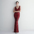 Positioning flower beaded evening dress long banquet slim evening dress temperament elegant long sequins