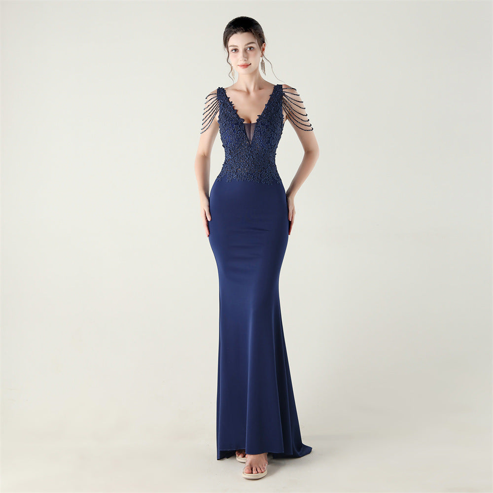 New Bead Lace Bead Embroidery Evening Ceremony, Off-Shoulder Fishtail Dress, Red Carpet Wedding Banquet Dress
