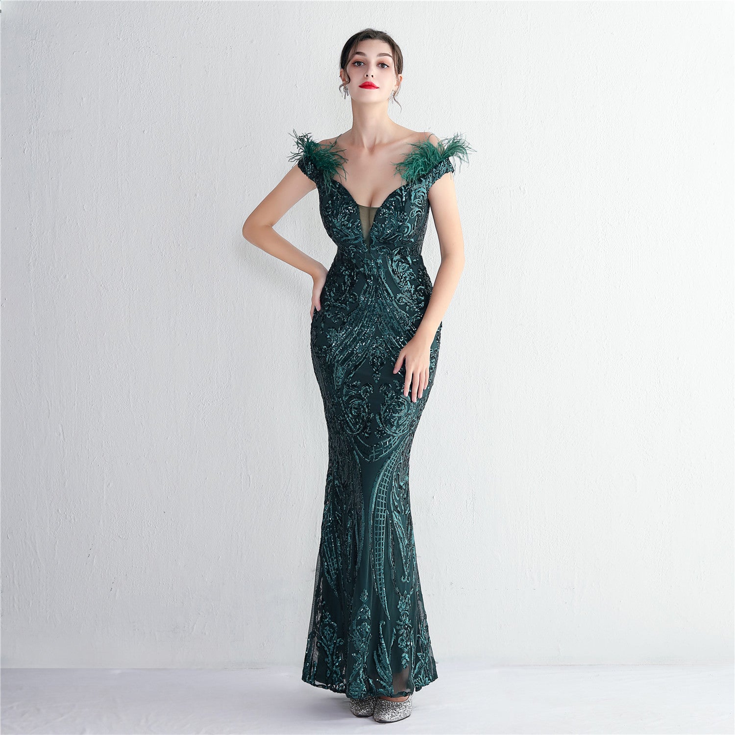 High density three-dimensional strong bead positioning flower craft handmade hair banquet slim sexy evening dress