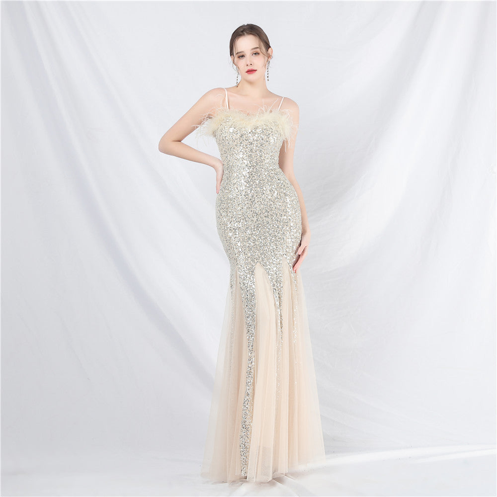 New craft order ostrich hair mesh bead long evening dress