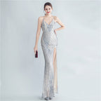 New high-density sequins bundled waist styling side split high-end evening dress