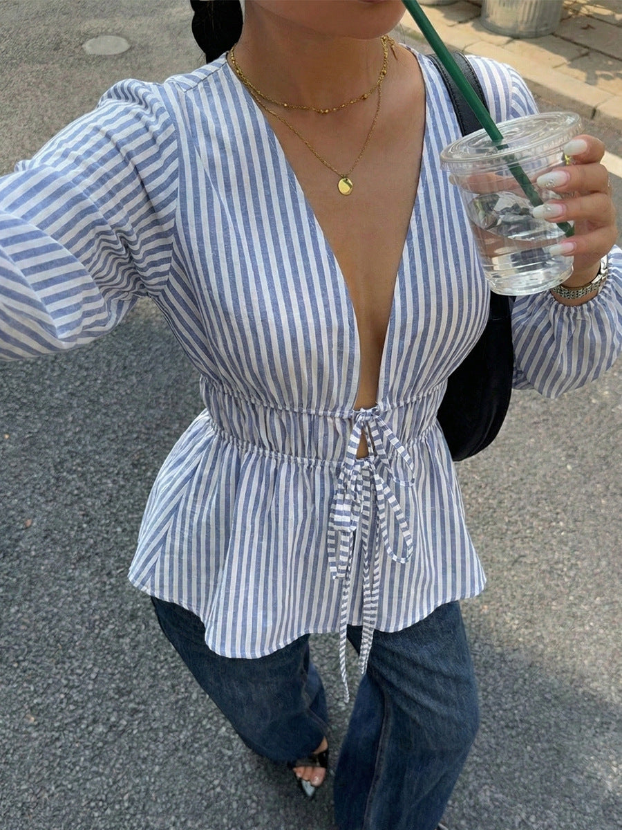 Elegant Stripe Long Sleeve Tie Blouse