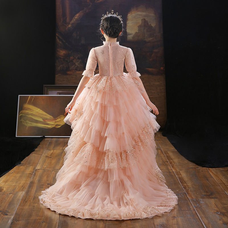 Mädchen Sommerkleid Rosa Pailletten Schleppe Prinzessin Festzug Geburtstag Kommunion 