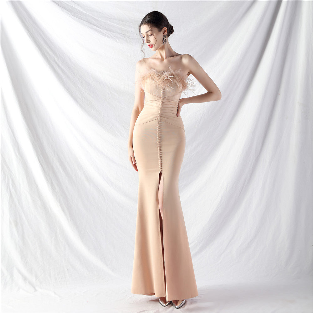 New art bag buckle handmade ostrich hair satin long evening dress