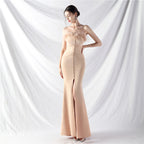 New art bag buckle handmade ostrich hair satin long evening dress